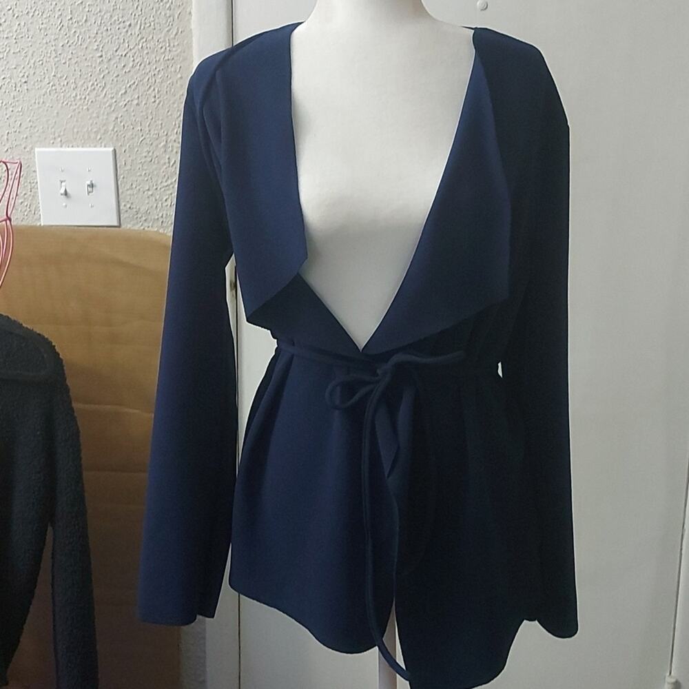 SHEIN Blue Belted V-Neck Waterfall Top M Casual Academia Corporate Siren Library
